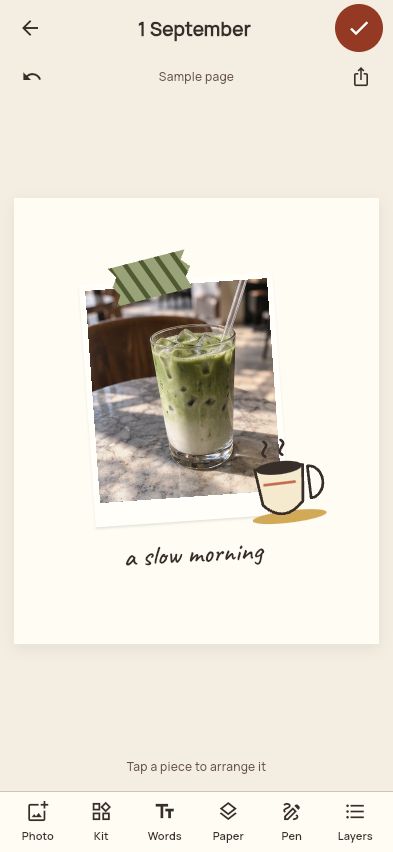 Little Days editor with an iced matcha photograph, original cup drawing, handwritten caption, and Photo, Kit, Words and Pen tools