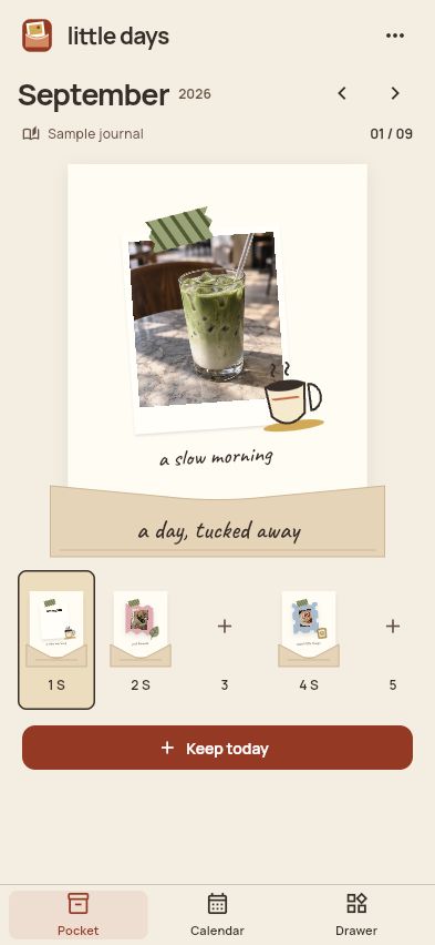 Little Days Pocket screen with a saved sample page, September dates, and Pocket, Calendar and Drawer navigation